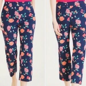 Chico's Navy Blue Floral Rose Print High Rise Ankle Pants Trousers Size 1 -Small
